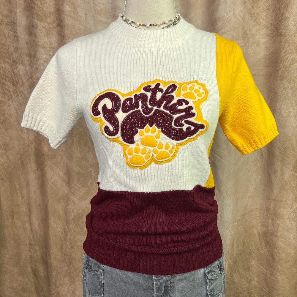 Vintage Cheerleader Sweater 70s Color Block Knit Short Sleeve Panthers Sporty
